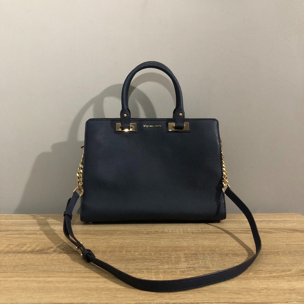 Michael Kors Quinn Navy Satchel Leather Shoulder Handbag